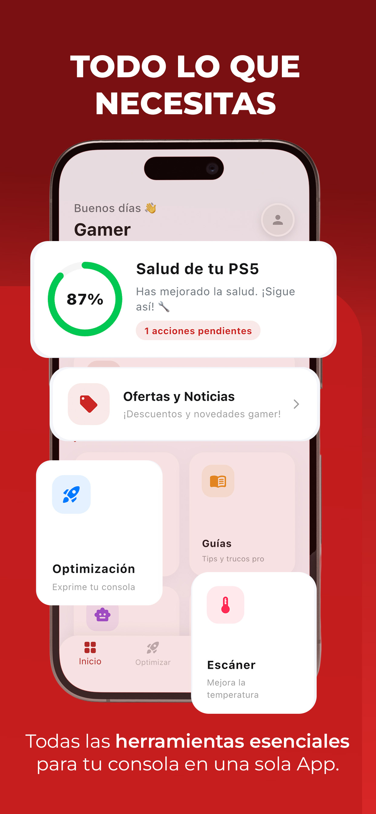 Pantalla principal de PLEYX con salud de PS5, optimización, guías y escáner